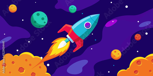 Whimsical Cartoon Rocket Flying Through Colorful Asteroid Field Vector Illustration