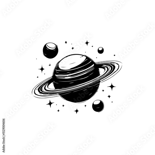 Illustrative depiction of saturn with celestial bodies and stars in monochrome style