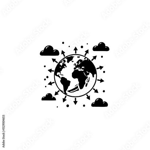 Global Impact: Arrows Emanating from Earth with Clouds, Illustrating Worldwide Reach