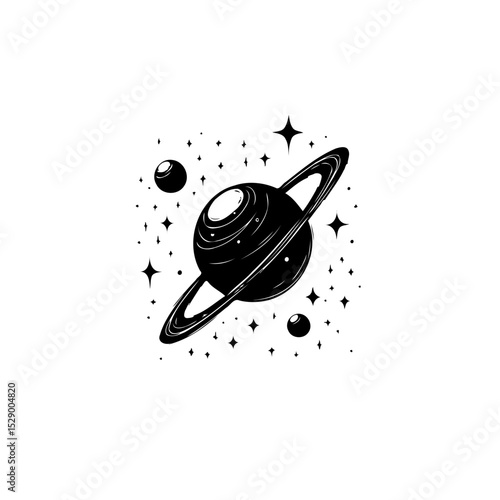 Elegant saturn planet illustration with sparkling stars and orbiting moons