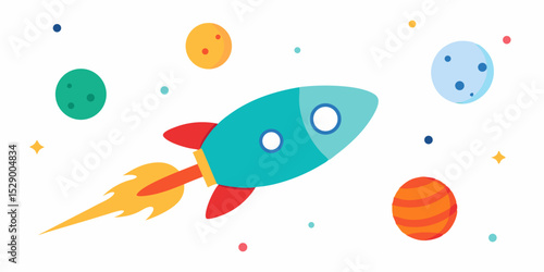 Whimsical Cartoon Rocket Ship Orbiting Colorful Planets Vector Illustration