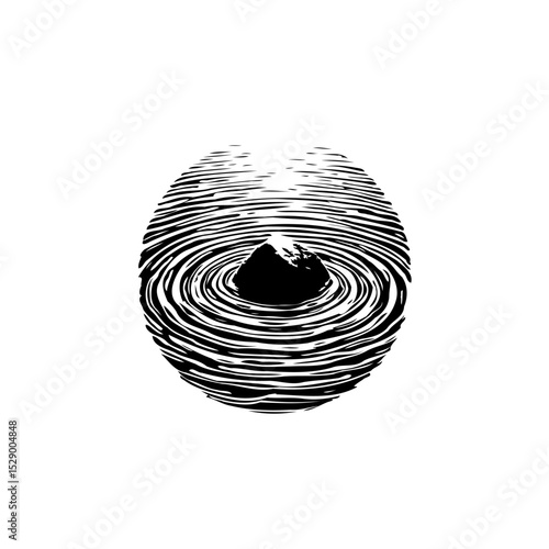 Monochrome zen: rock in water creates peaceful ripples in minimalist drawing