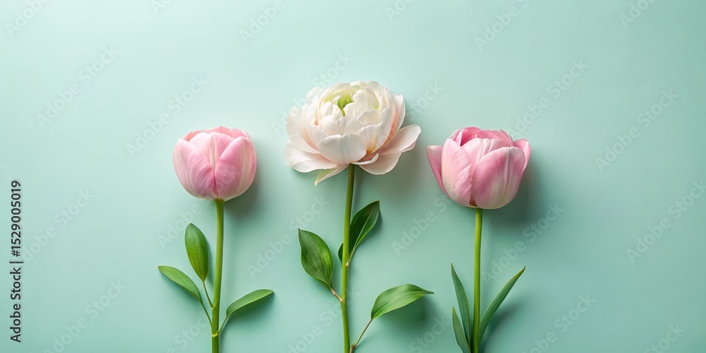 Fototapeta premium Pastel Pink and White Blooms Arranged on a Mint Green Background for Elegant Floral Display