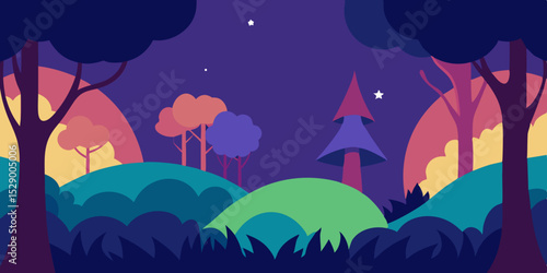 Whimsical Enchanted Forest Landscape Background with Glowing Elements Vector Illustration