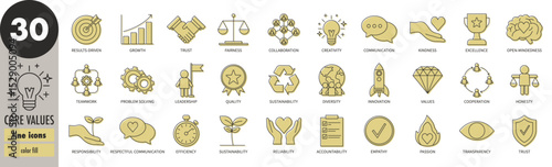 Core values - thin line icons set with light green fill. Efficiency, sustainability, cooperation, trust, leadership, teamwork, diversity, innovation, accountability, transparency, vector illustration