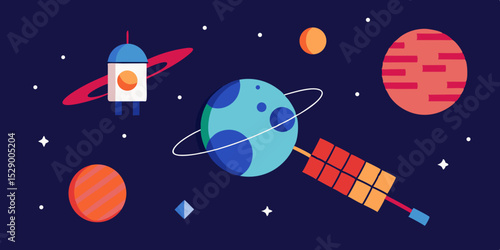 Informative Flat Graphic of Orbiting Satellites and Space Station Vector Illustration