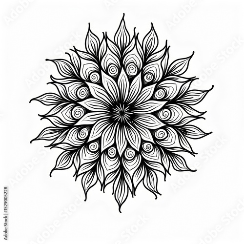 Intricate black and white mandala design with floral patterns and symmetrical details