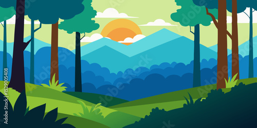 Serene Forest Clearing Landscape Background with Sunlight and Meadow Vector Illustration