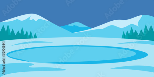 Tranquil Frozen Lake Landscape Background with Snow Covered Shore Vector Illustration