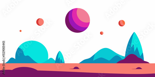 Surreal Futuristic Alien Landscape with Multiple Distant Planets Vector Illustration Background