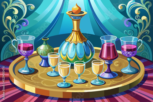 vector of Crystal cup service. A tang and six goblets placed on a noble table for sale.