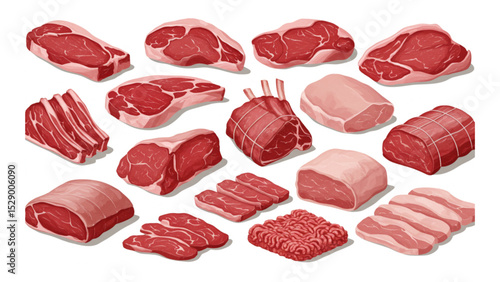 High-quality beef cuts collection showcasing various steaks, roasts, and ground meat perfect for restaurant menus, butcher shop branding, or culinary websites.