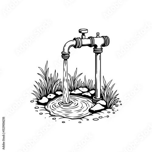 Hand-Drawn Illustration of a Water Tap Flowing into a Pond Surrounded by Grass