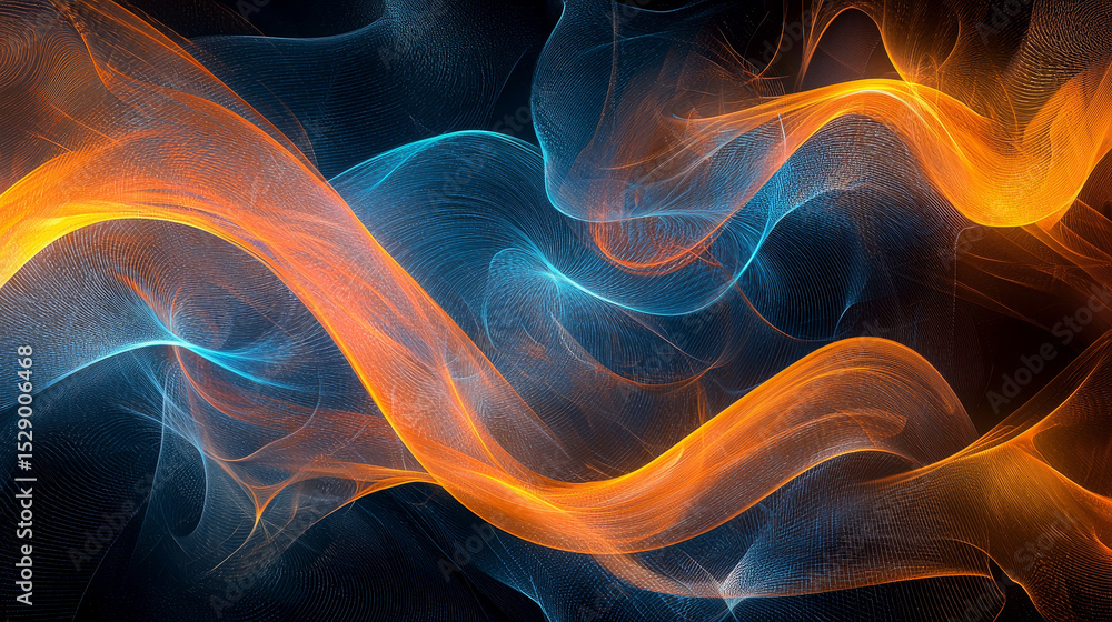 Fototapeta premium A dynamic abstract design with flowing orange and blue curves and waves, set against a dark backdrop to evoke movement and energy.