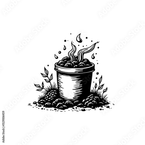 Stylized black and white illustration of a potted plant with soil details