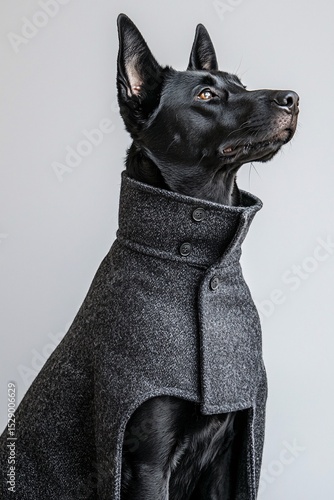 Elegant Black Dog in a Stylish Winter Coat: A Captivating Canine Portrait