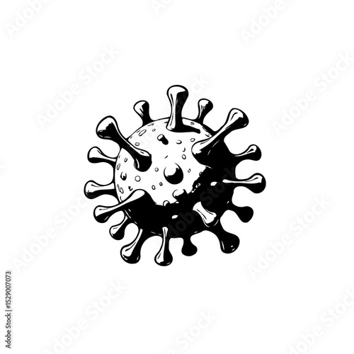 Monochrome Illustration of a Coronavirus Particle with Spikes and Surface Detail