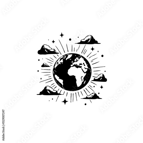 Conceptual earth illustration with radiating sunbeams and fluffy cloud accents design