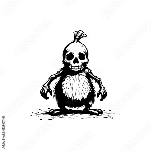Creepy skull creature illustration with fur, spooky halloween monster design in black and white