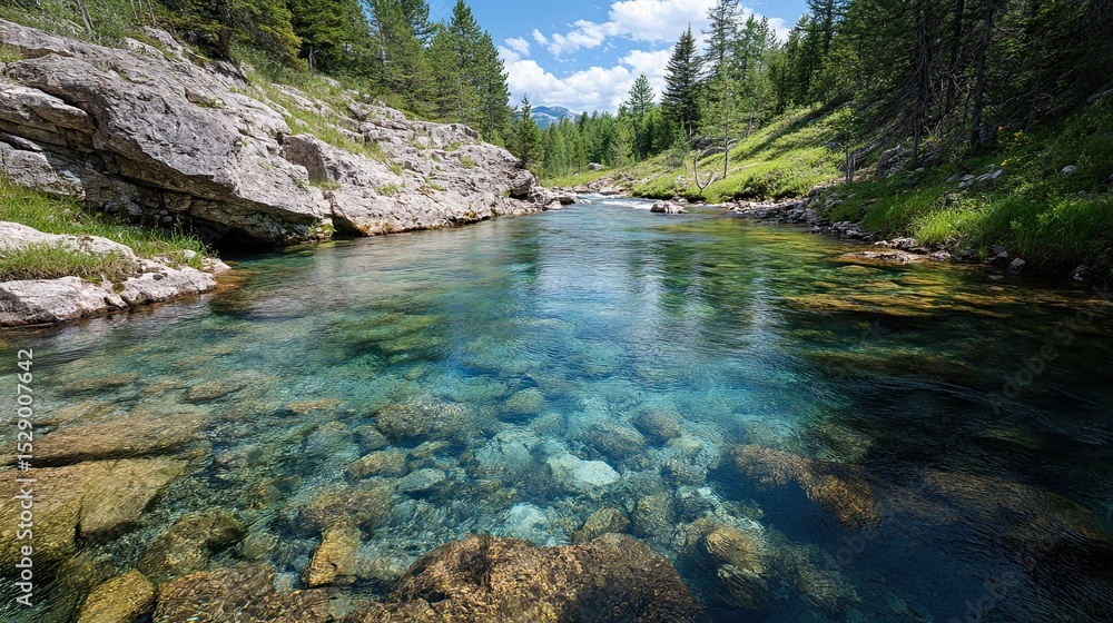 Clear Blue River Running Through Rocky Terrain Clear Blue River Running Through Rocky Terrain