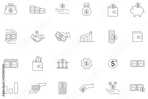 24 Thin Line Money Icons Set . Modern Payment Linear Symbols . money management, wallet, banking, ATM, piggy bank, investment profit, finance growth chart, money increase, finance icon collections.  