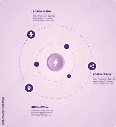 Circular Process Infographic Flow Diagram. Flowchart with Arrows Data Planning. Visual Data Analysis, Workflow Diagram, Business Process Flow with Modern Elements and Purple Background.