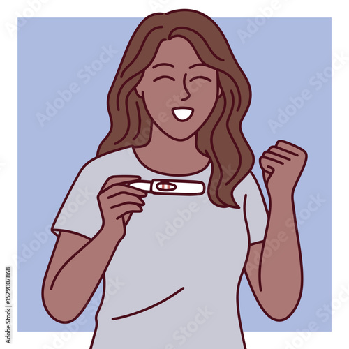 Dark black brown skinned woman smiling and showing positive pregnancy test. Represents happiness, emotional relief, and expected motherhood