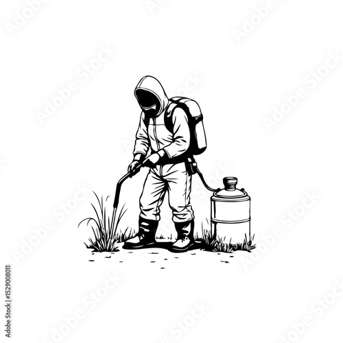 Stylized vector illustration of a person in hazmat suit spraying plants outdoors