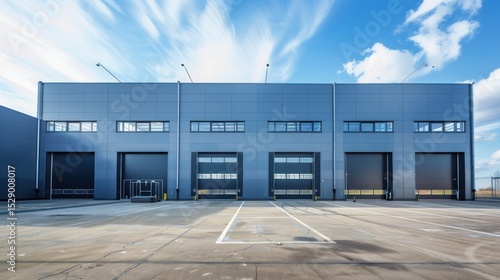 Modern industrial warehouse facade under a partly cloudy sky