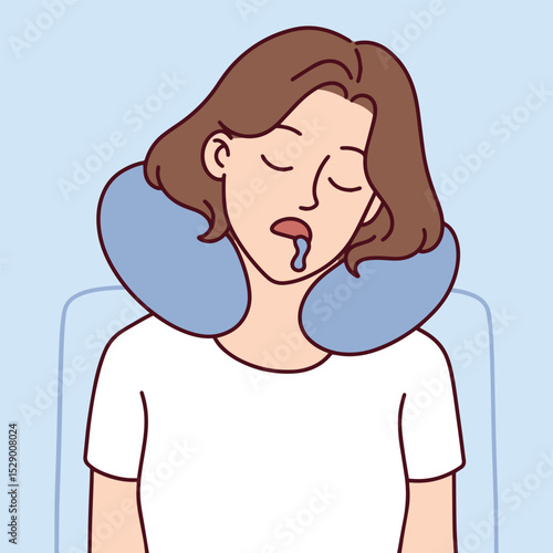 Tired young woman falls asleep with neck pillow while traveling. Concept of passenger resting in airplane seat on long flight or journey.