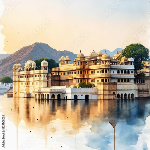 Majestic city palace of udaipur india reflected in tranquil waters with watercolor effect