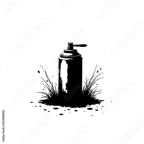 Aerosol spray can illustration in black and white, simple graphic design aesthetic