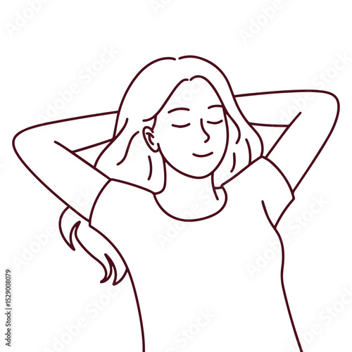 Line drawing of woman with calm smile, lying back with hands behind head. Reflects serenity, natural balance, and emotional recovery