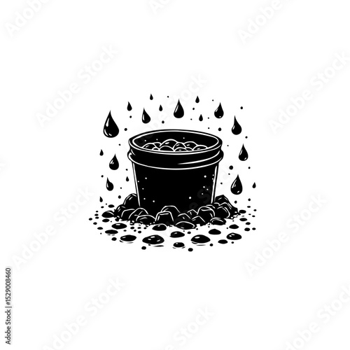 Minimalist black and white illustration of a bucket filled with pebbles under rainfall