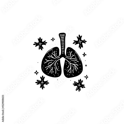 Lungs and viruses in the style of linocut on a white background drawing