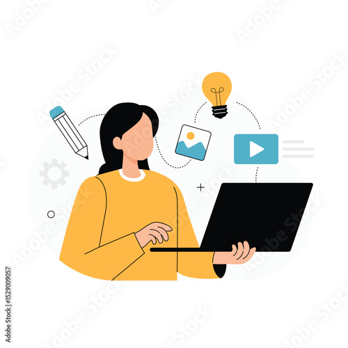 Student Engaged in Interactive Online Learning Illustration.  Vector illustration of distance education and e-learning