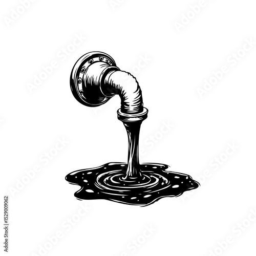 Monochrome pipeline illustration showcasing the outflow of liquid into a spill