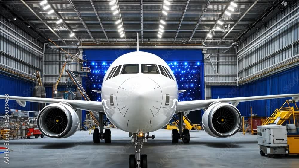 An airplane parked inside a large hangar. The airplane is ready for takeoff, and the setting is industrial An airplane parked inside a large hangar. The airplane is ready for takeoff, and the setting is industrial