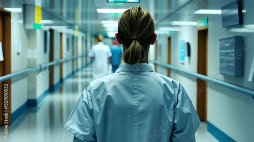 Female Medical Professional Walking Away Down Hospital Corridor With White Uniform and Blurred Background
