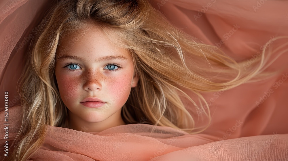 Fototapeta premium A captivating portrait of a young girl with striking blue eyes and flowing blonde hair, enveloped in soft pink drapery that adds a sense of serenity and beauty.