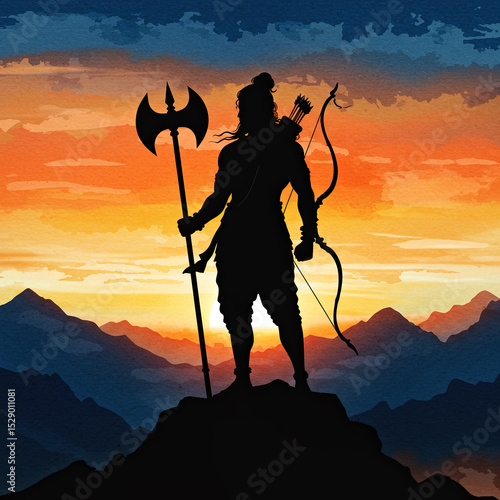 Silhouette of lord parshuram against a sunset sky representing strength and spirituality