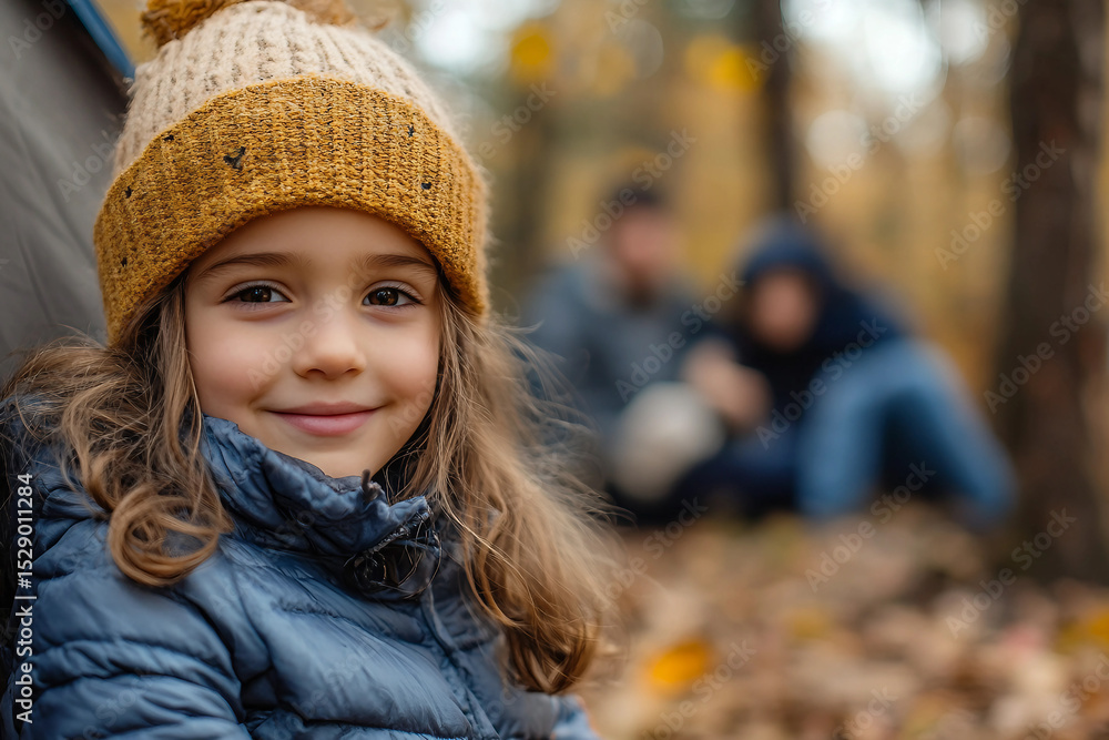 Adorable child in a Cozy Winter Hat Enjoying an Autumn Picnic with Family in a Scenic Forest Camping Adventure, generative ai Adorable child in a Cozy Winter Hat Enjoying an Autumn Picnic with Family in a Scenic Forest Camping Adventure, generative ai