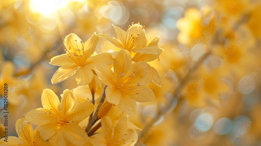 Obraz premium A soft and beautiful cluster of blooming yellow flowers taken in gentle sunlight, radiating warmth and positivity, reflecting the beauty of nature in full bloom during spring.