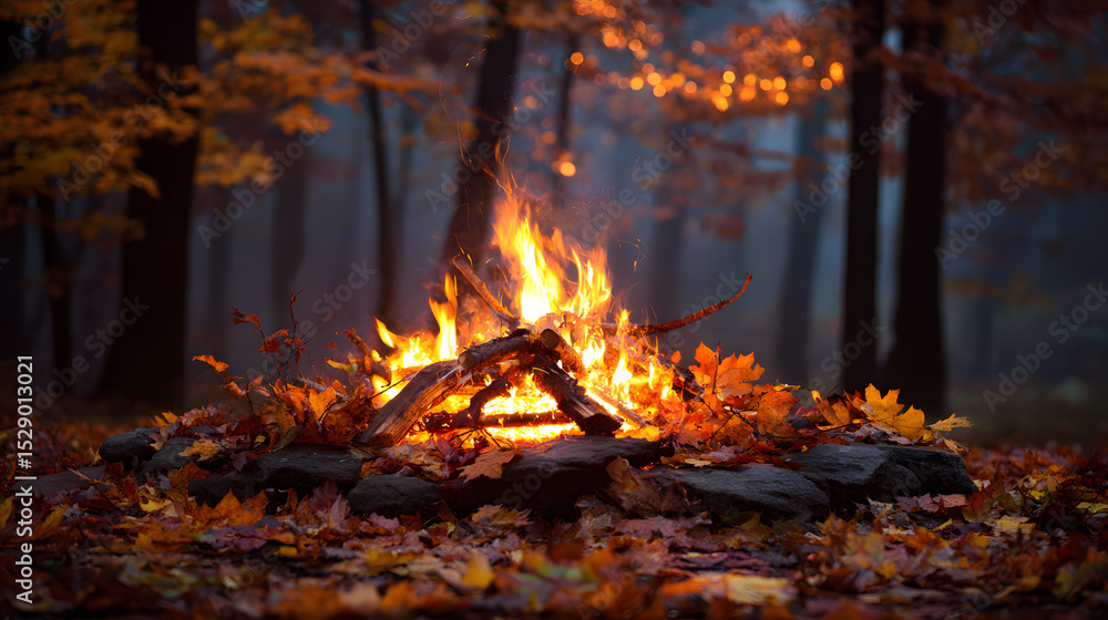 A warm bonfire with bright flames and glowing embers, set on a bed of colorful autumn leaves A warm bonfire with bright flames and glowing embers, set on a bed of colorful autumn leaves