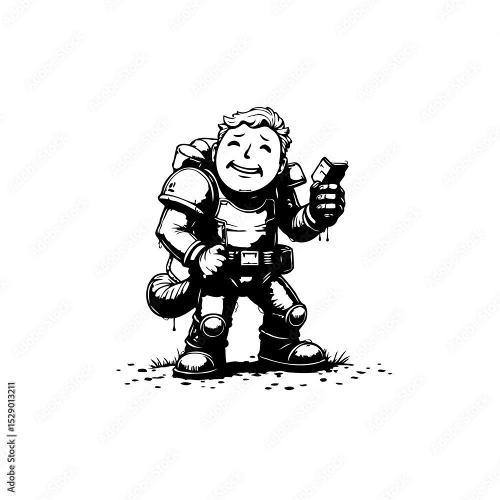 Obraz premium Humorous illustration of a happy, armored figure holding a chocolate bar with joy