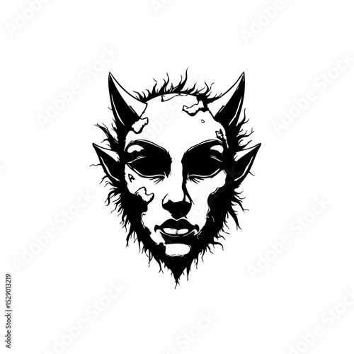 Intricate black and white illustration of a demonic face with horns and sharp features