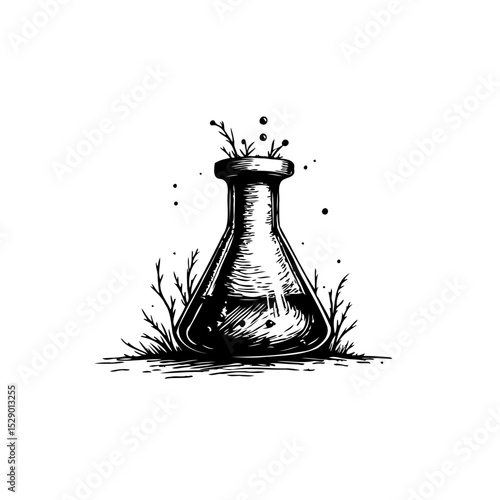Black and white illustration of a conical flask with plants growing from it