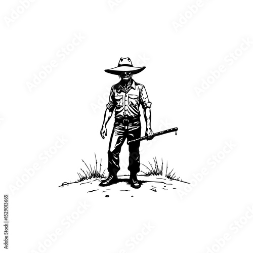 Outback wanderer: A vintage-style illustration of a man in a hat and cane