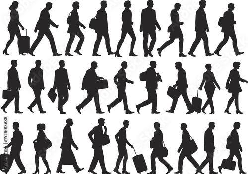 Diverse Collection of Walking People Silhouettes: Various Male and Female Poses with Luggage and Briefcases, Ideal Vector Illustrations for Travel, Business, and Urban Commute Concepts