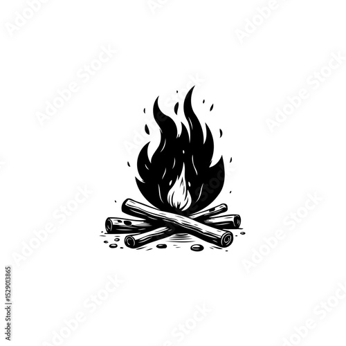 Campfire illustration: simple black and white design, evokes warmth and adventure